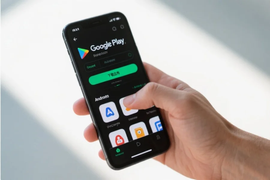 一只手正在操作Android手机，屏幕上显示Google Play商店中“下载应用”的界面，环境明亮清晰