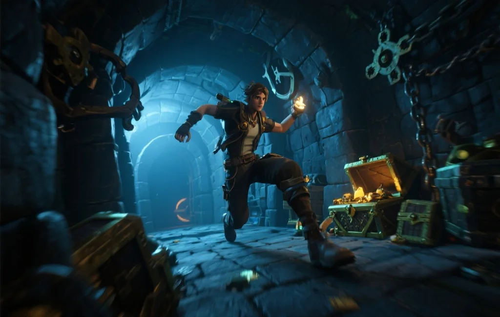 一位虚拟角色在充满机关与宝藏的地牢里勇敢探险，动作流畅，画面充满动感