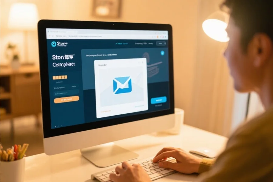 用户正在电脑前撰写电子邮件，屏幕上显示风暴娱乐客服邮箱界面，环境温馨，光线明亮